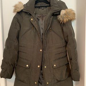 Jones New York Army Green Down Parka Coat with Faux Fur Hood